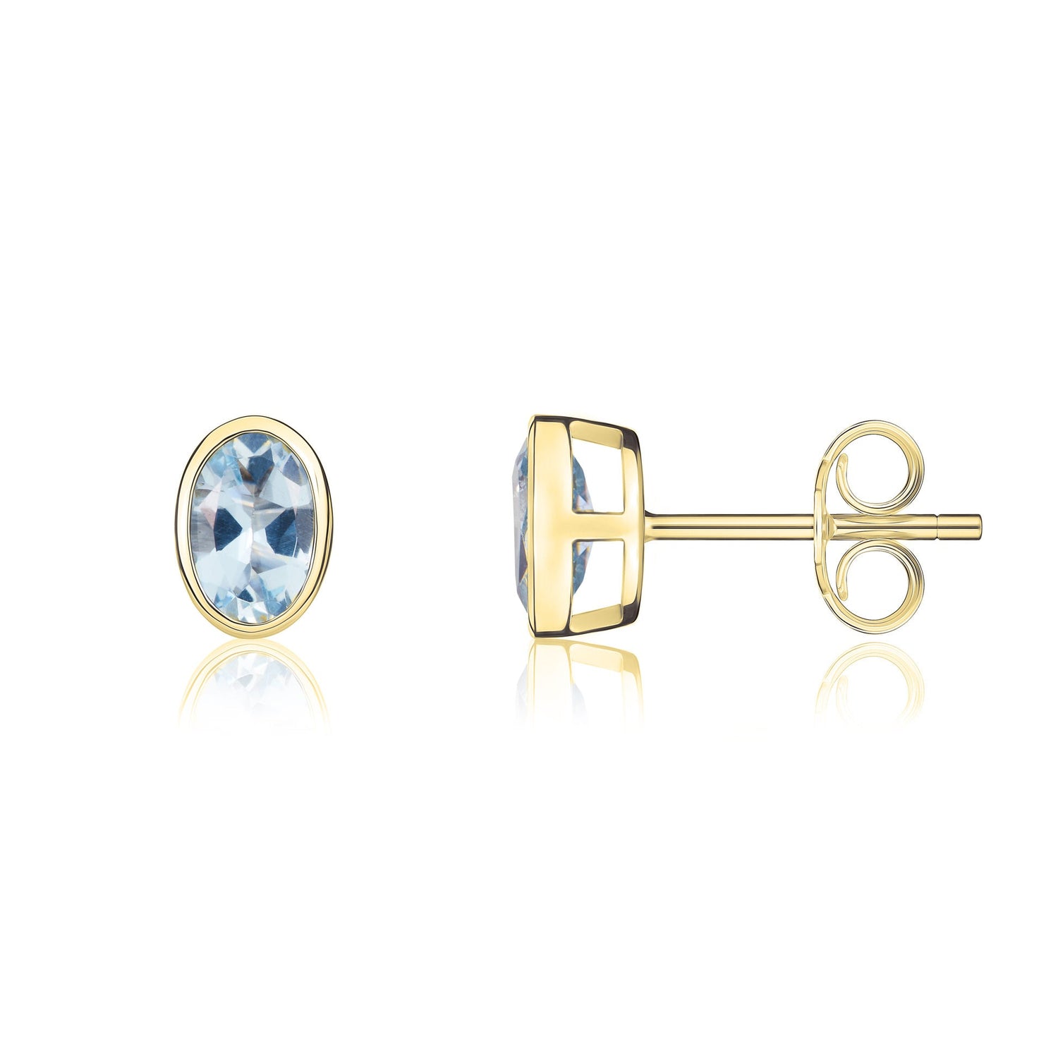 9ct Yellow Gold Oval Natural Aquamarine Rubover Stud Earrings — 6x4mm