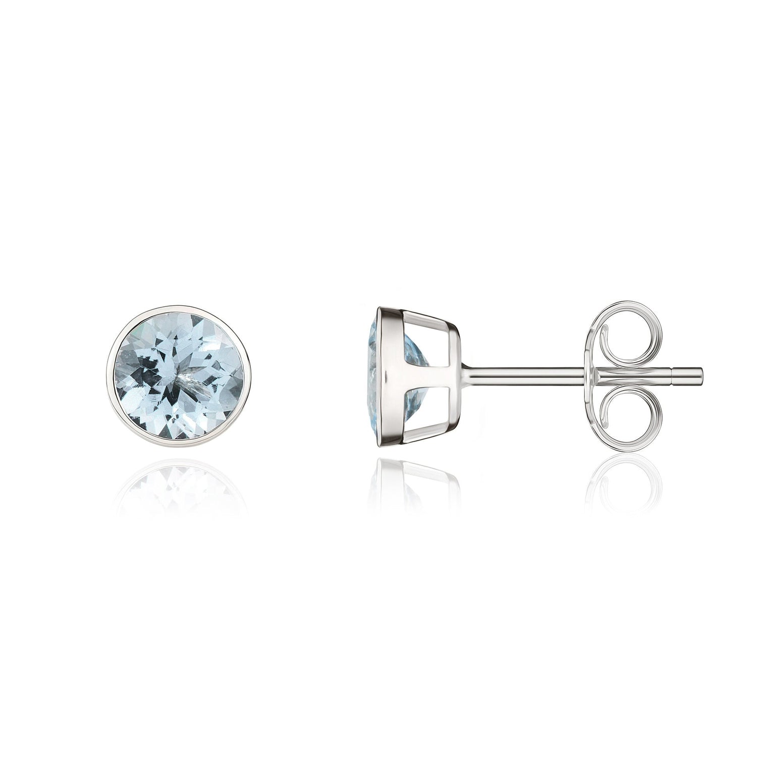 9ct White Gold Round Natural Aquamarine Rubover Stud Earrings — 5mm