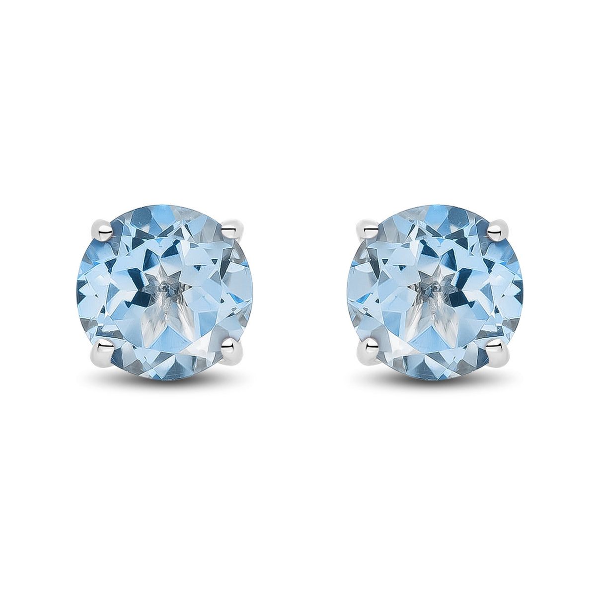 9ct White Gold Round Natural Aquamarine Claw Stud Earrings — 7mm