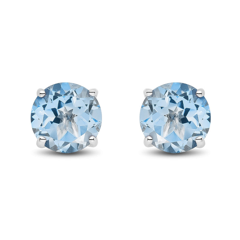 9ct White Gold Round Natural Aquamarine Claw Stud Earrings — 7mm