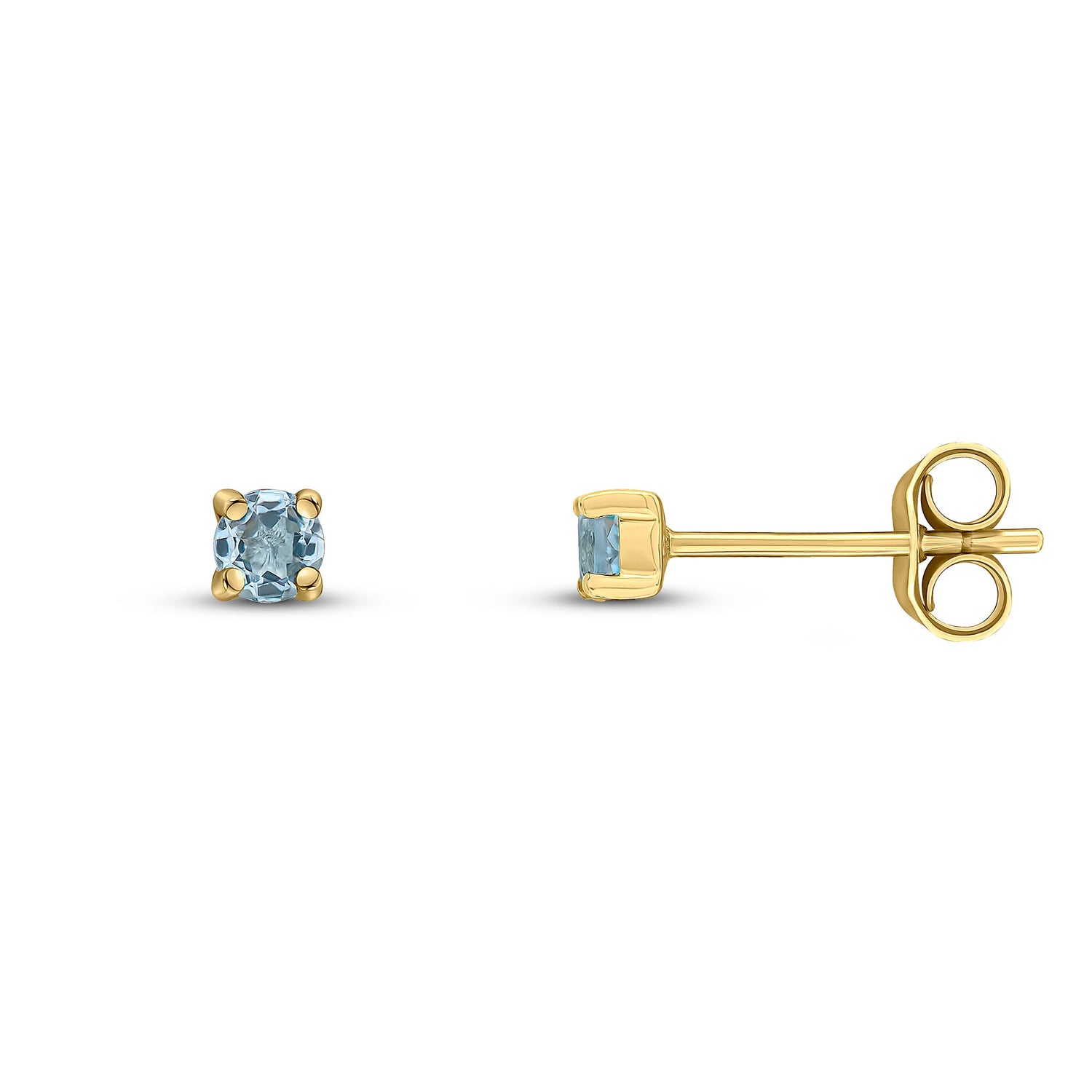 9ct Yellow Gold Round Natural Aquamarine Claw Stud Earrings — 3mm