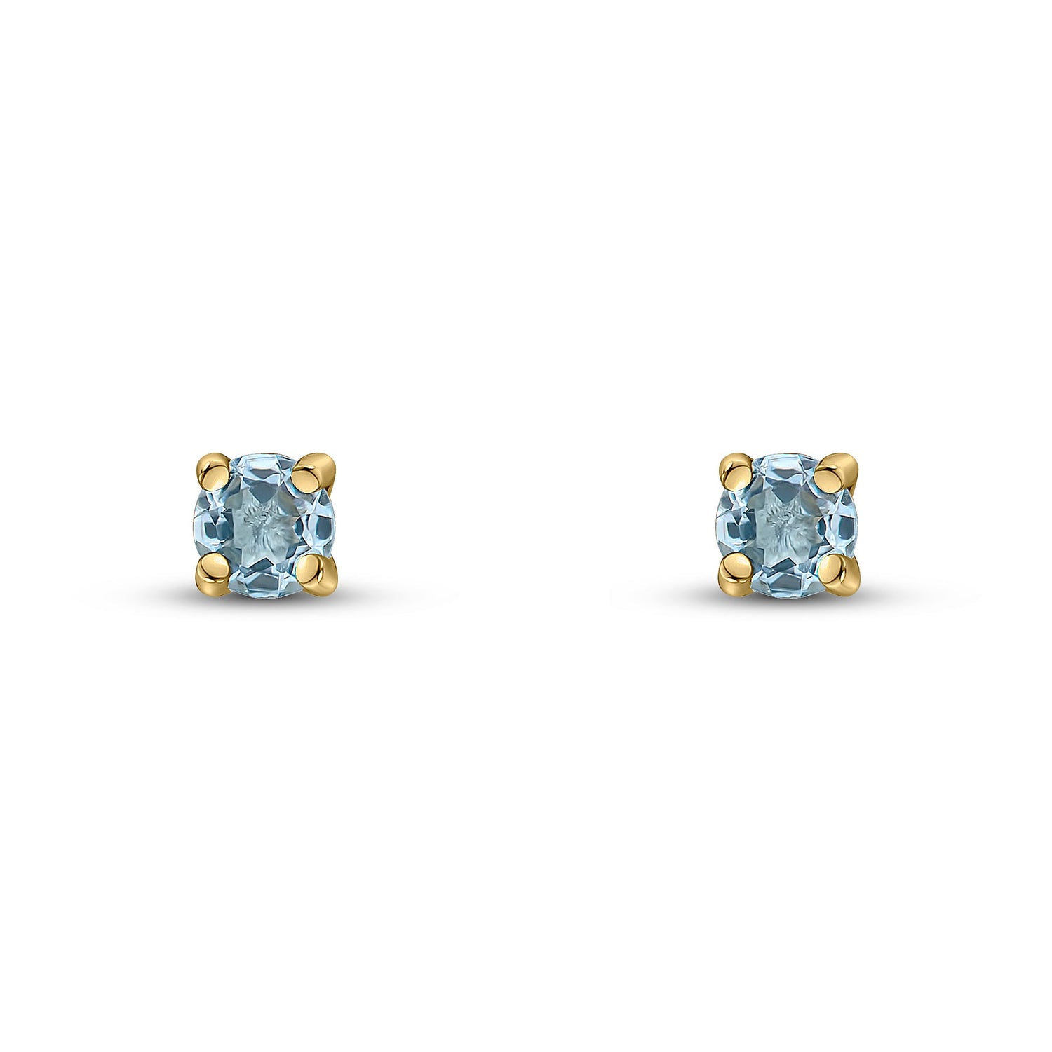 9ct Yellow Gold Round Natural Aquamarine Claw Stud Earrings — 3mm