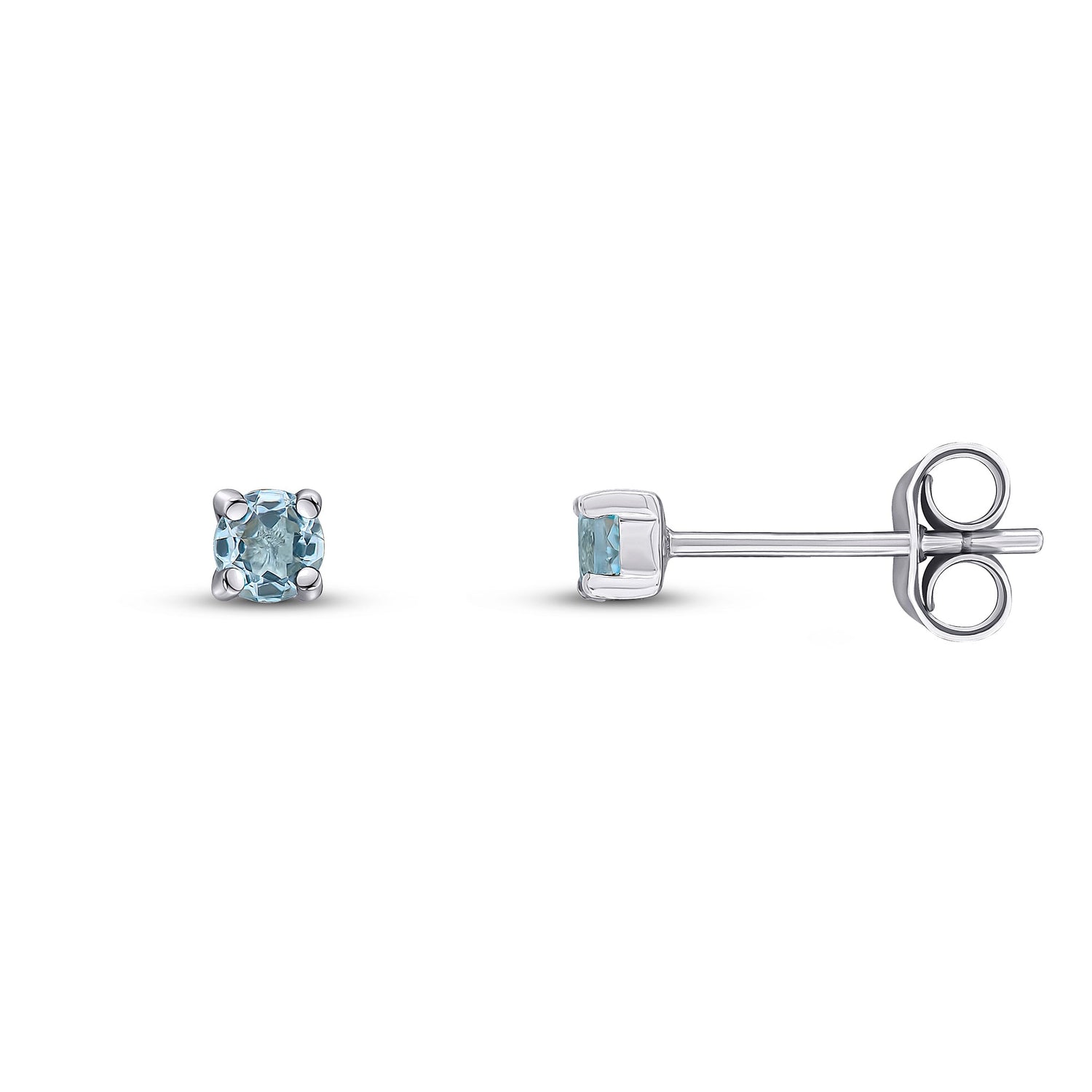 9ct White Gold Round Natural Aquamarine Claw Stud Earrings — 3mm