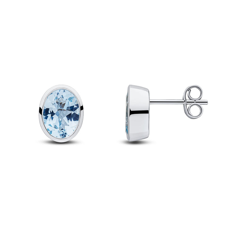 9ct White Gold Oval Natural Aquamarine Rubover Stud Earrings — 8x6mm