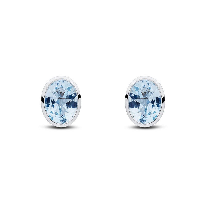 9ct White Gold Oval Natural Aquamarine Rubover Stud Earrings — 8x6mm