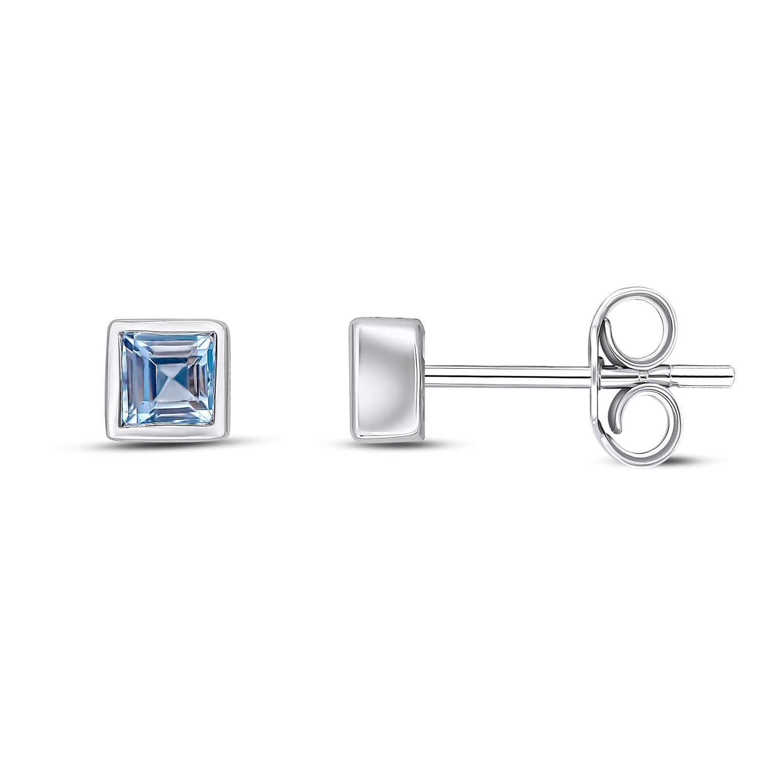 9ct White Gold Square Natural Aquamarine Rubover Stud Earrings — 3mm