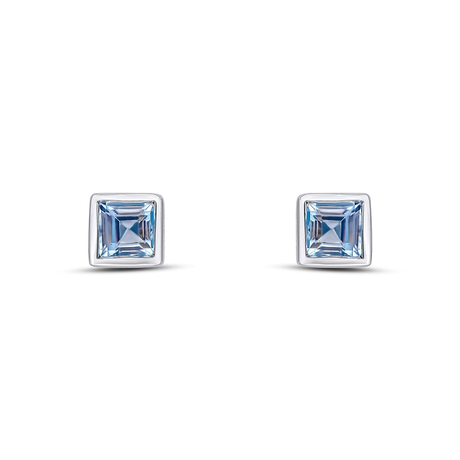 9ct White Gold Square Natural Aquamarine Rubover Stud Earrings — 3mm