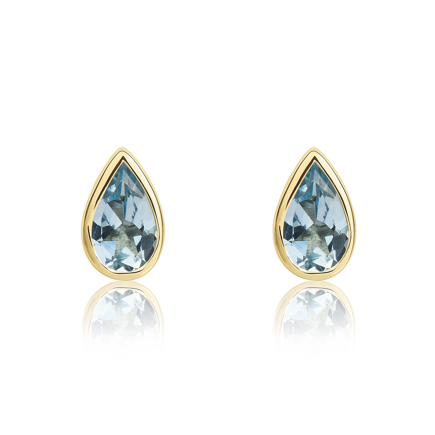 9ct Yellow Gold Pear Shaped Natural Aquamarine Rubover Stud Earrings — 5x3mm