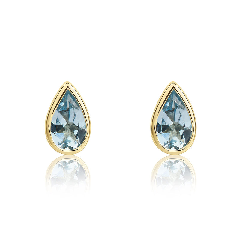 9ct Yellow Gold Pear Shaped Natural Aquamarine Rubover Stud Earrings — 5x3mm
