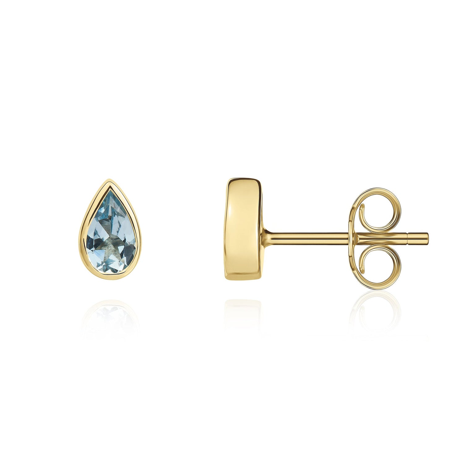 9ct Yellow Gold Pear Shaped Natural Aquamarine Rubover Stud Earrings — 5x3mm