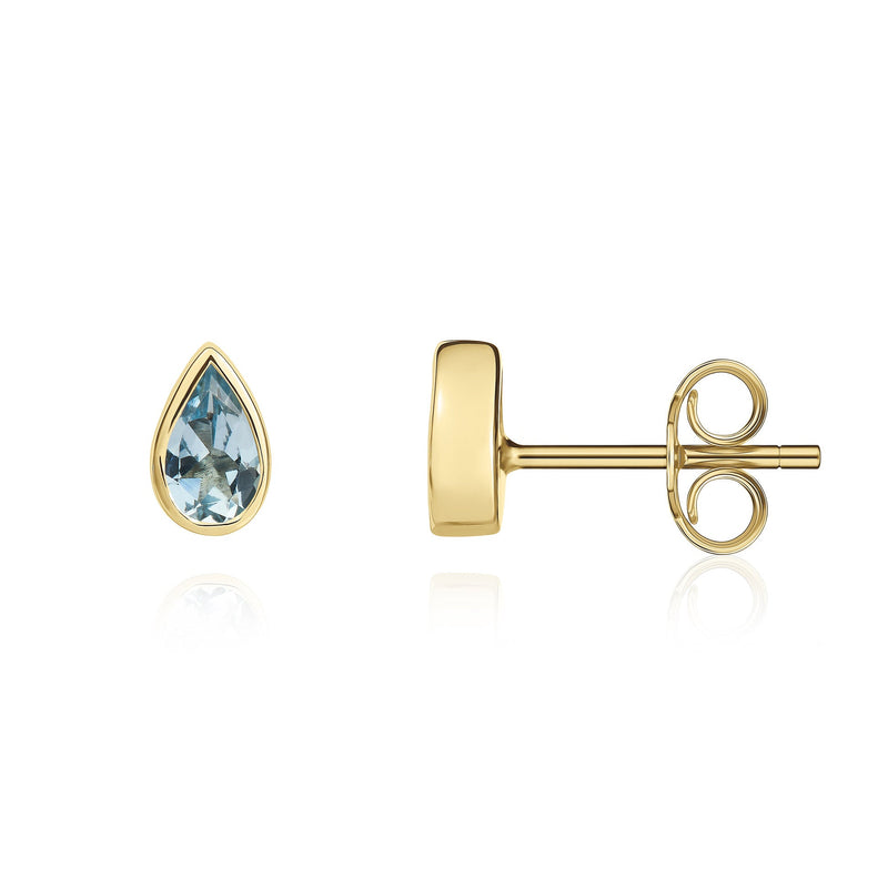 9ct Yellow Gold Pear Shaped Natural Aquamarine Rubover Stud Earrings — 5x3mm