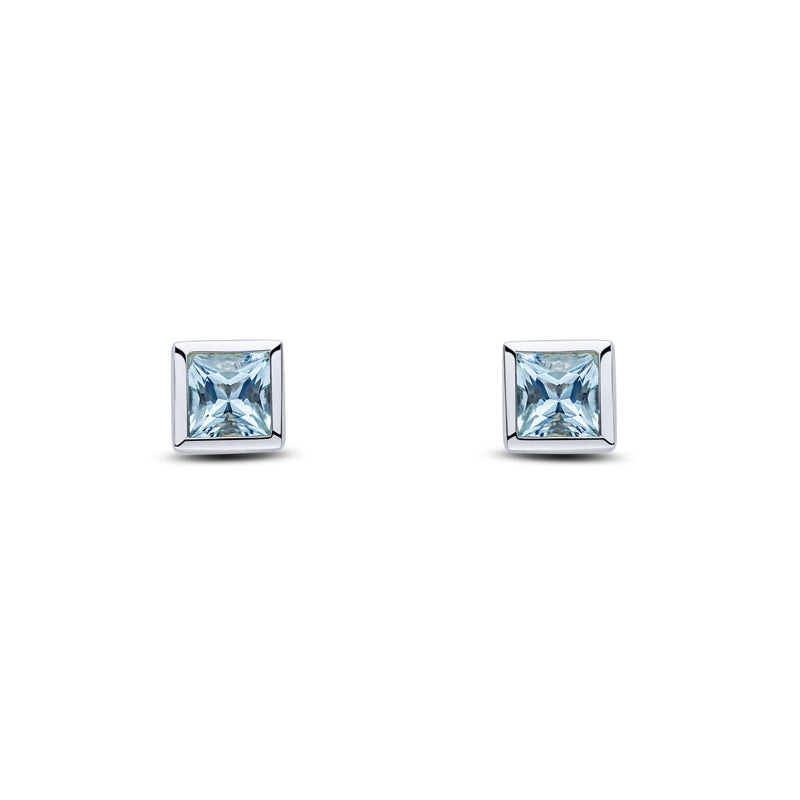 9ct White Gold Square Natural Aquamarine Rubover Stud Earrings — 4mm