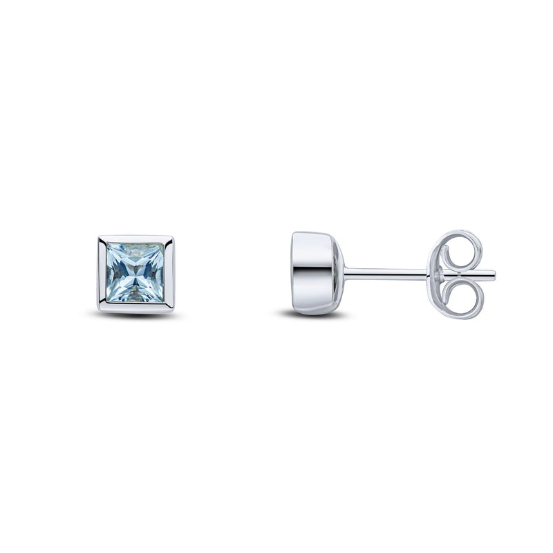 9ct White Gold Square Natural Aquamarine Rubover Stud Earrings — 4mm