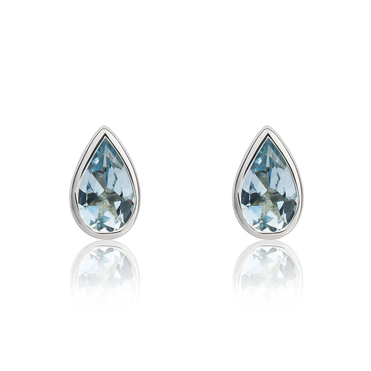 9ct White Gold Pear Shaped Natural Aquamarine Rubover Stud Earrings — 5x3mm