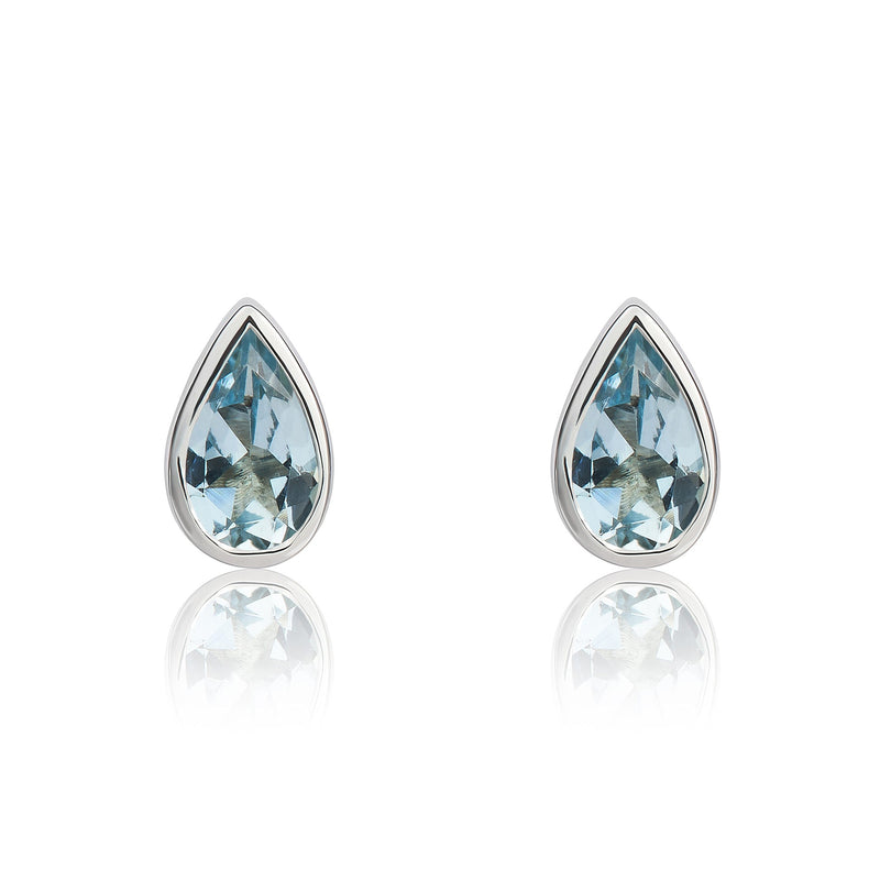 9ct White Gold Pear Shaped Natural Aquamarine Rubover Stud Earrings — 5x3mm