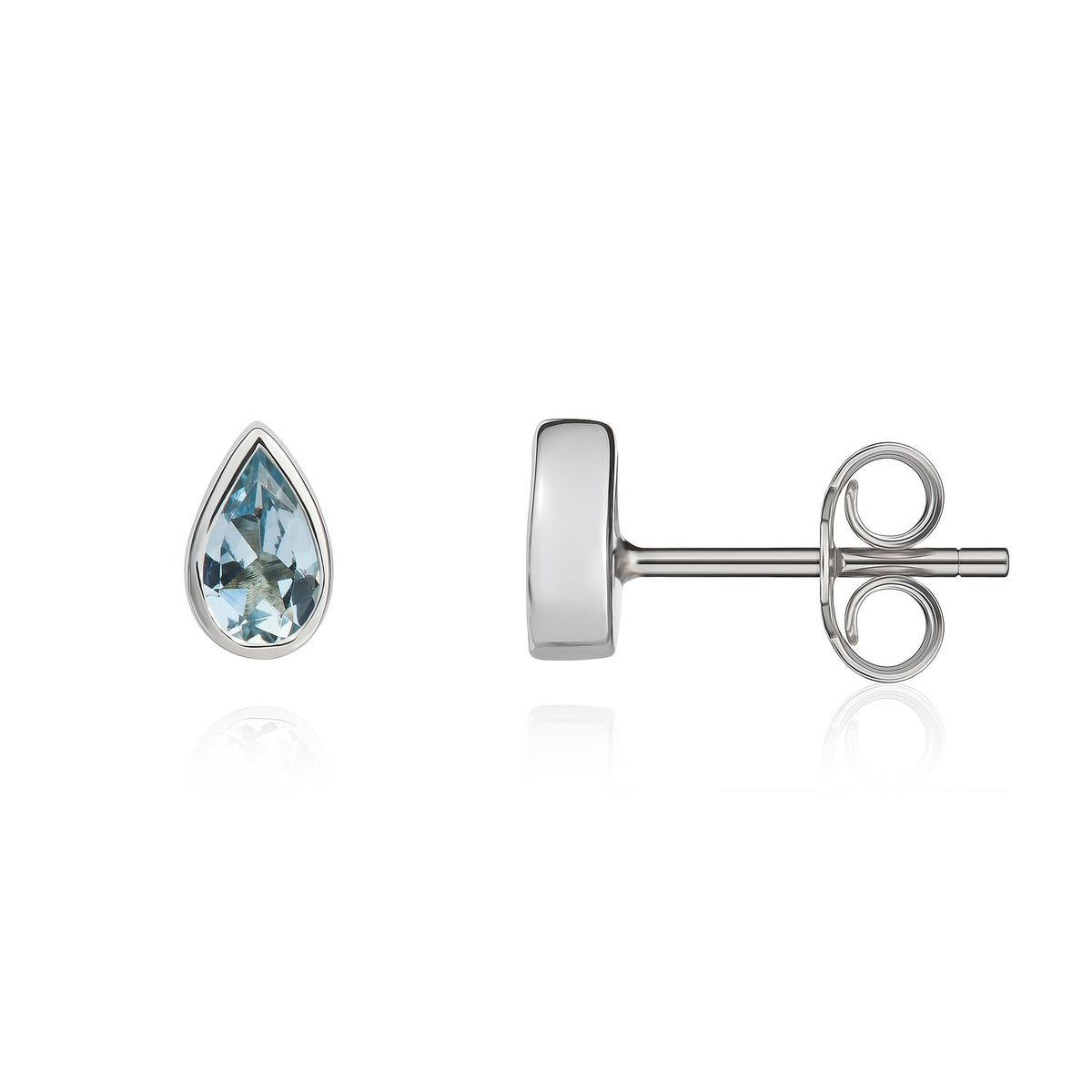 9ct White Gold Pear Shaped Natural Aquamarine Rubover Stud Earrings — 5x3mm