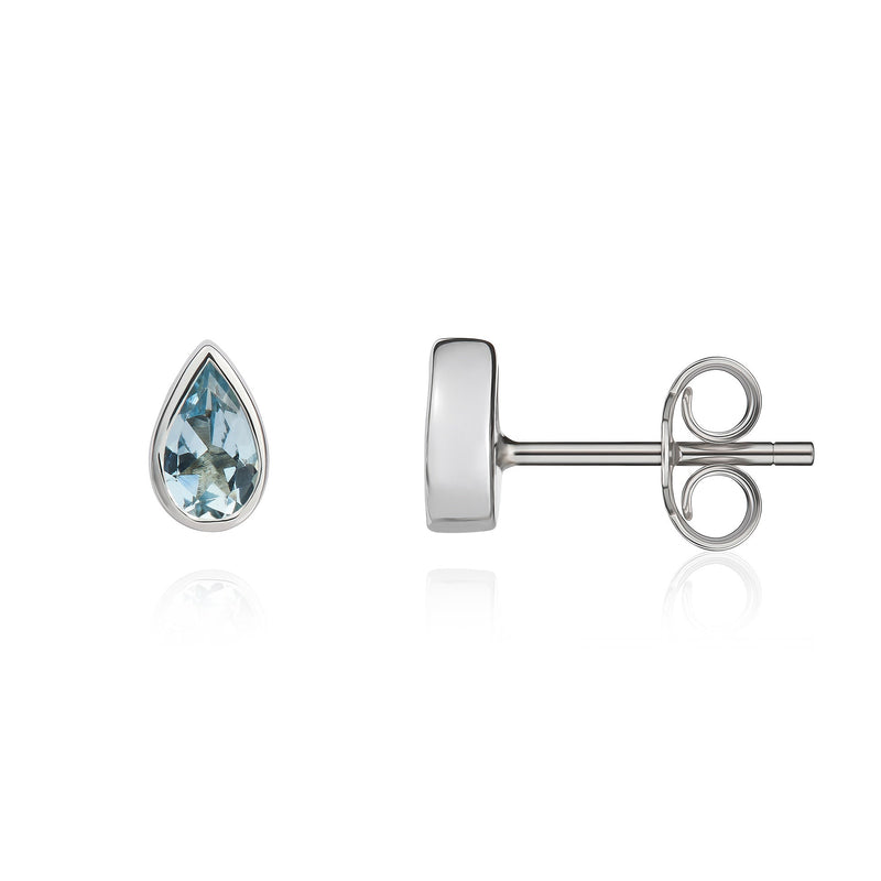 9ct White Gold Pear Shaped Natural Aquamarine Rubover Stud Earrings — 5x3mm