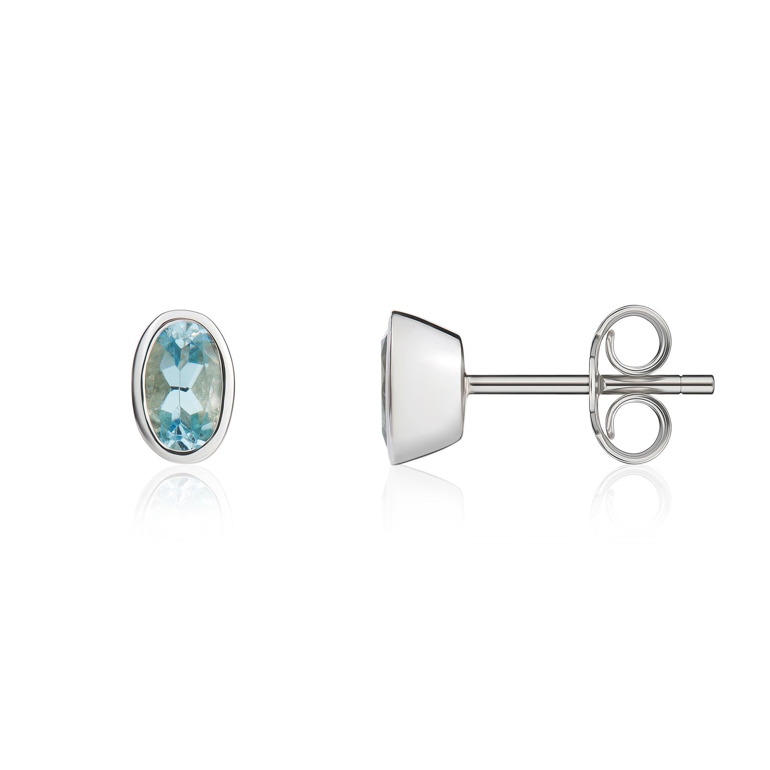 9ct White Gold Oval Natural Aquamarine Rubover Stud Earrings — 5x3mm