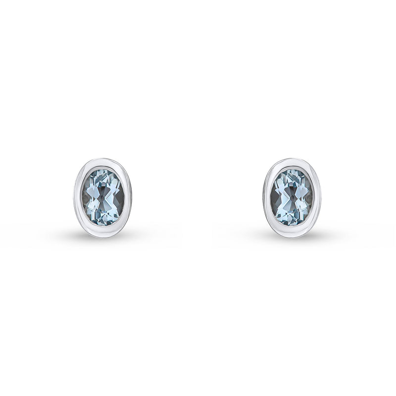 9ct White Gold Oval Natural Aquamarine Rubover Stud Earrings — 4x3mm