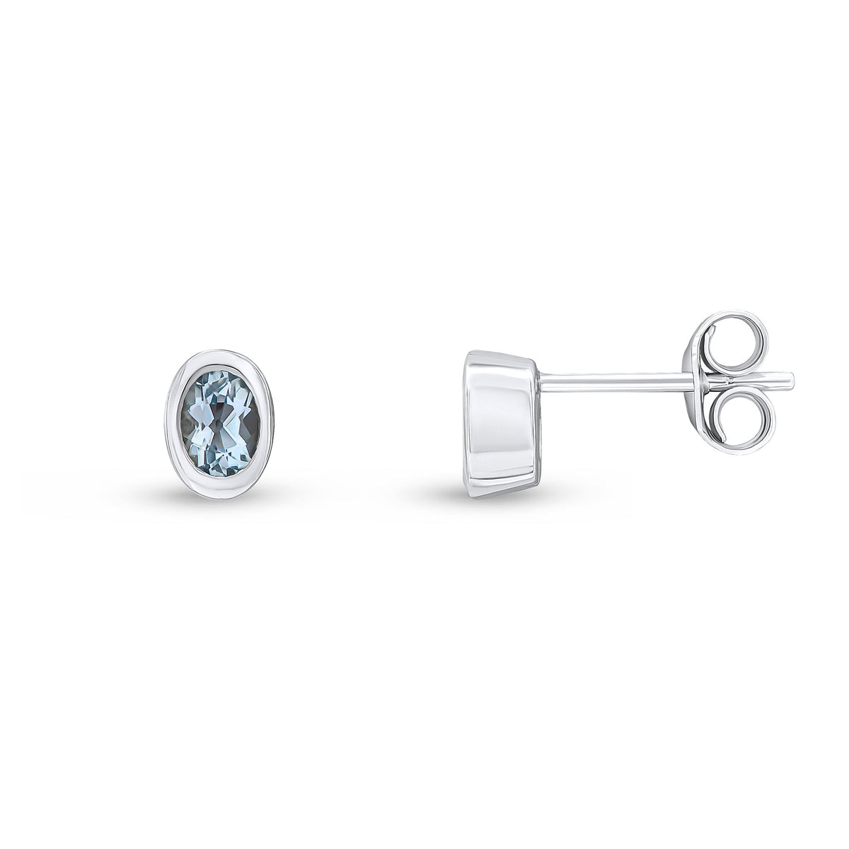 9ct White Gold Oval Natural Aquamarine Rubover Stud Earrings — 4x3mm