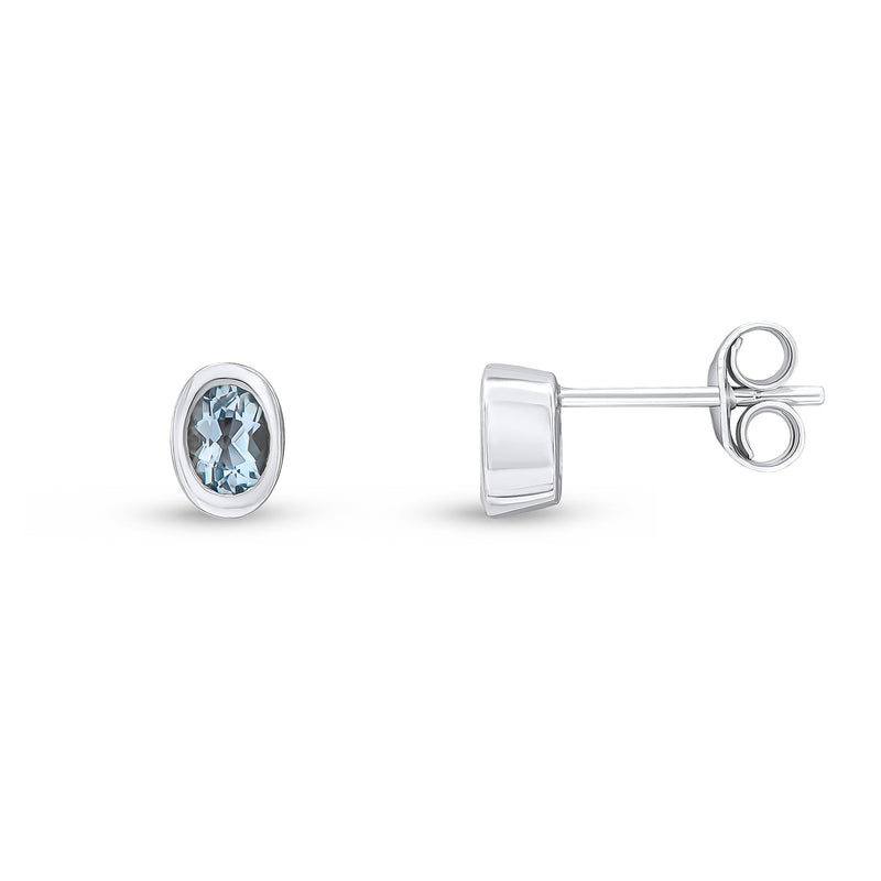 9ct White Gold Oval Natural Aquamarine Rubover Stud Earrings — 4x3mm