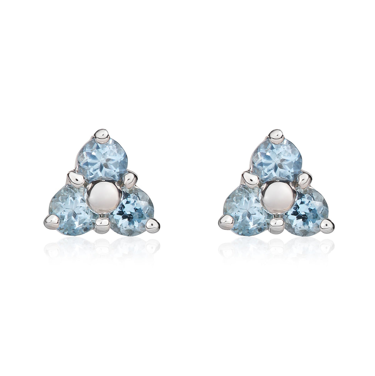 9ct White Gold Round Natural Aquamarine Trefoil Claw Stud Earrings