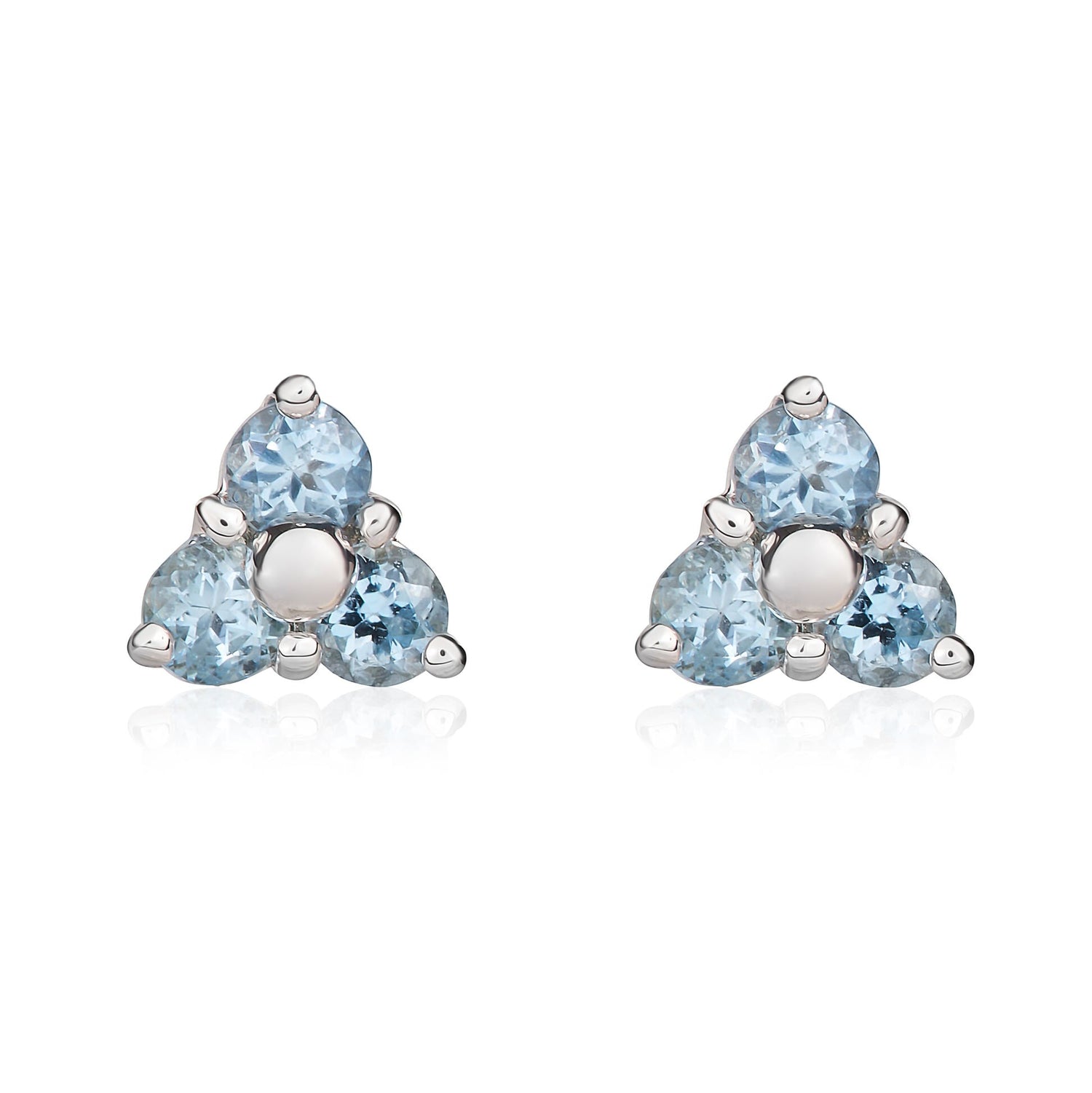9ct White Gold Round Natural Aquamarine Trefoil Stud Earrings
