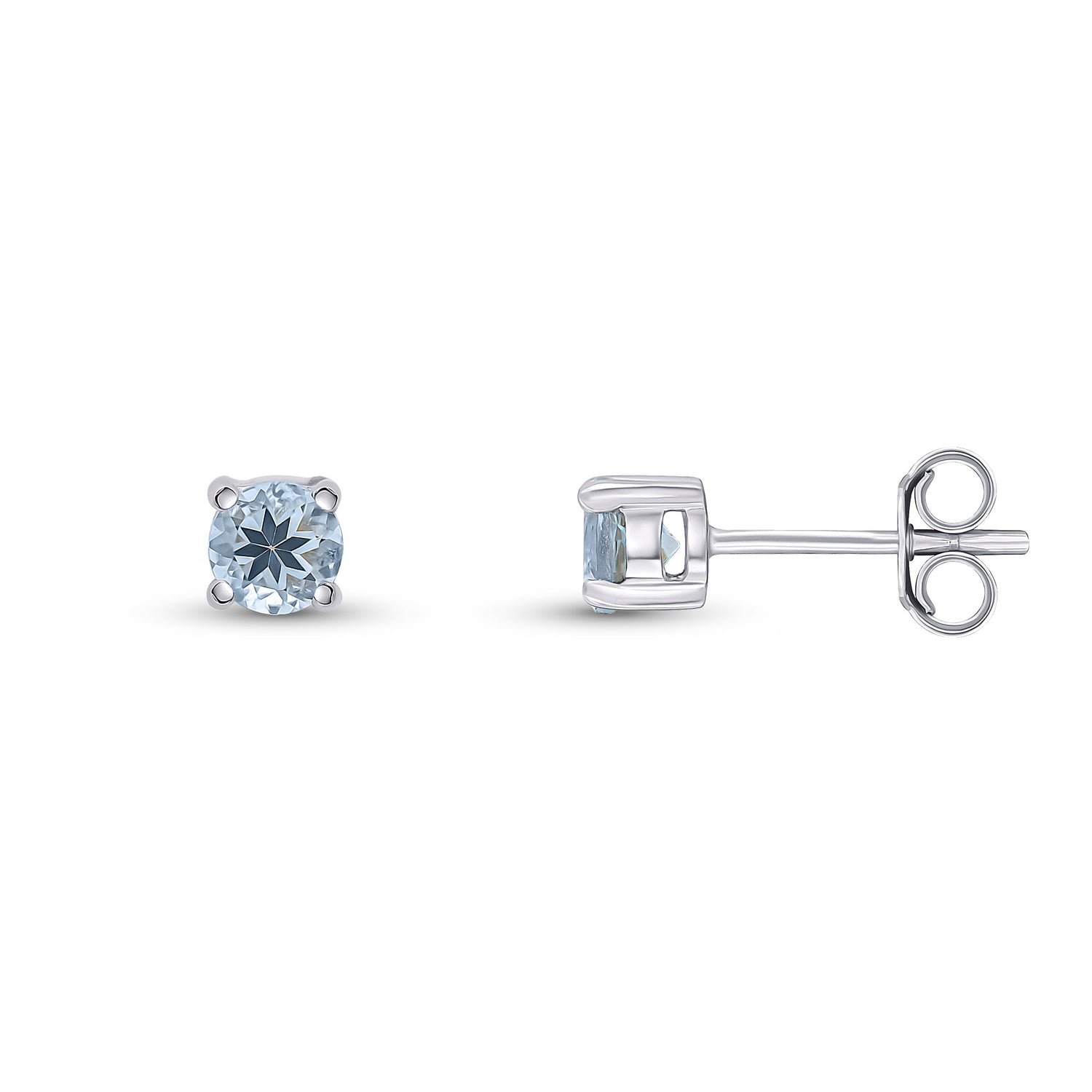 9ct White Gold Round Natural Aquamarine Claw Stud Earrings — 4mm