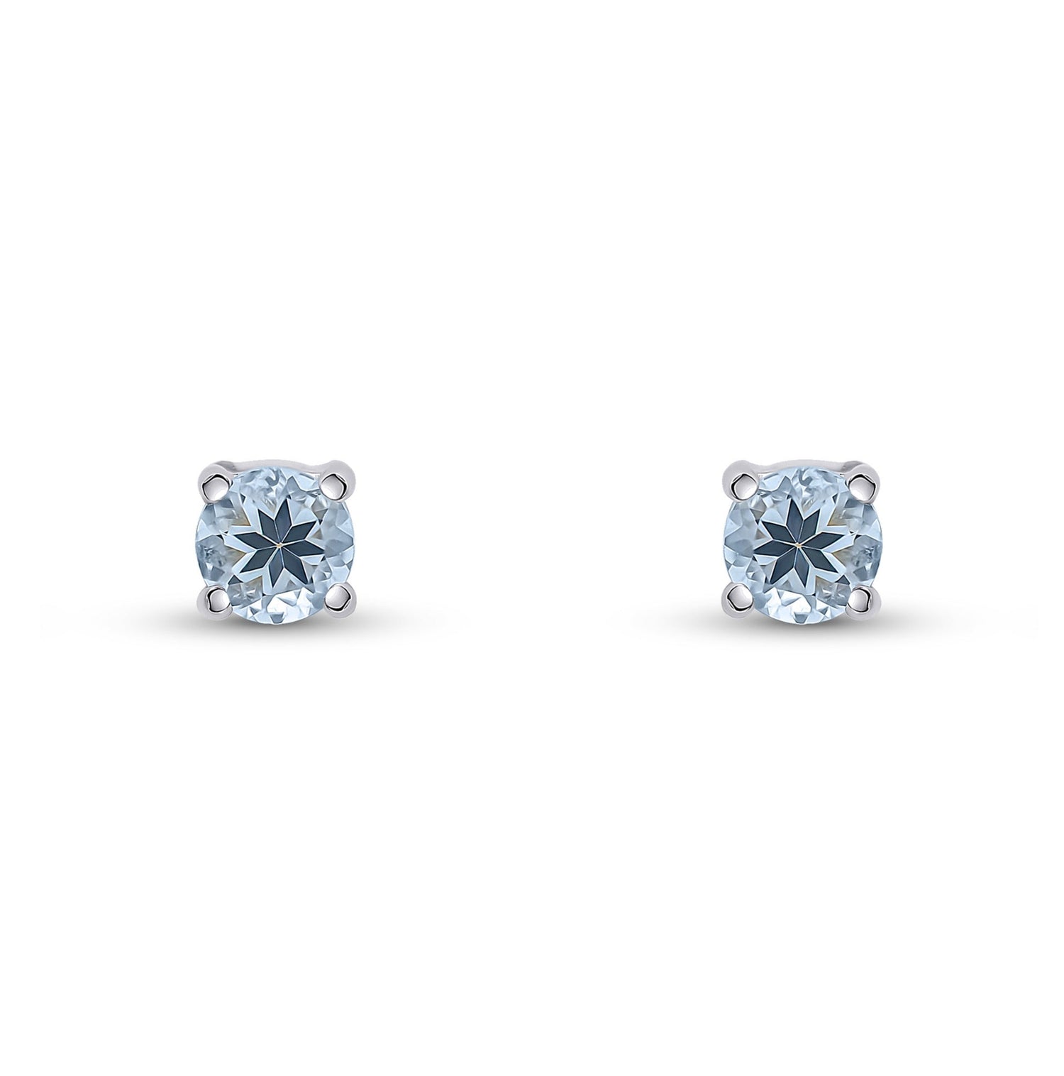 9ct White Gold Round Natural Aquamarine Claw Stud Earrings — 4mm