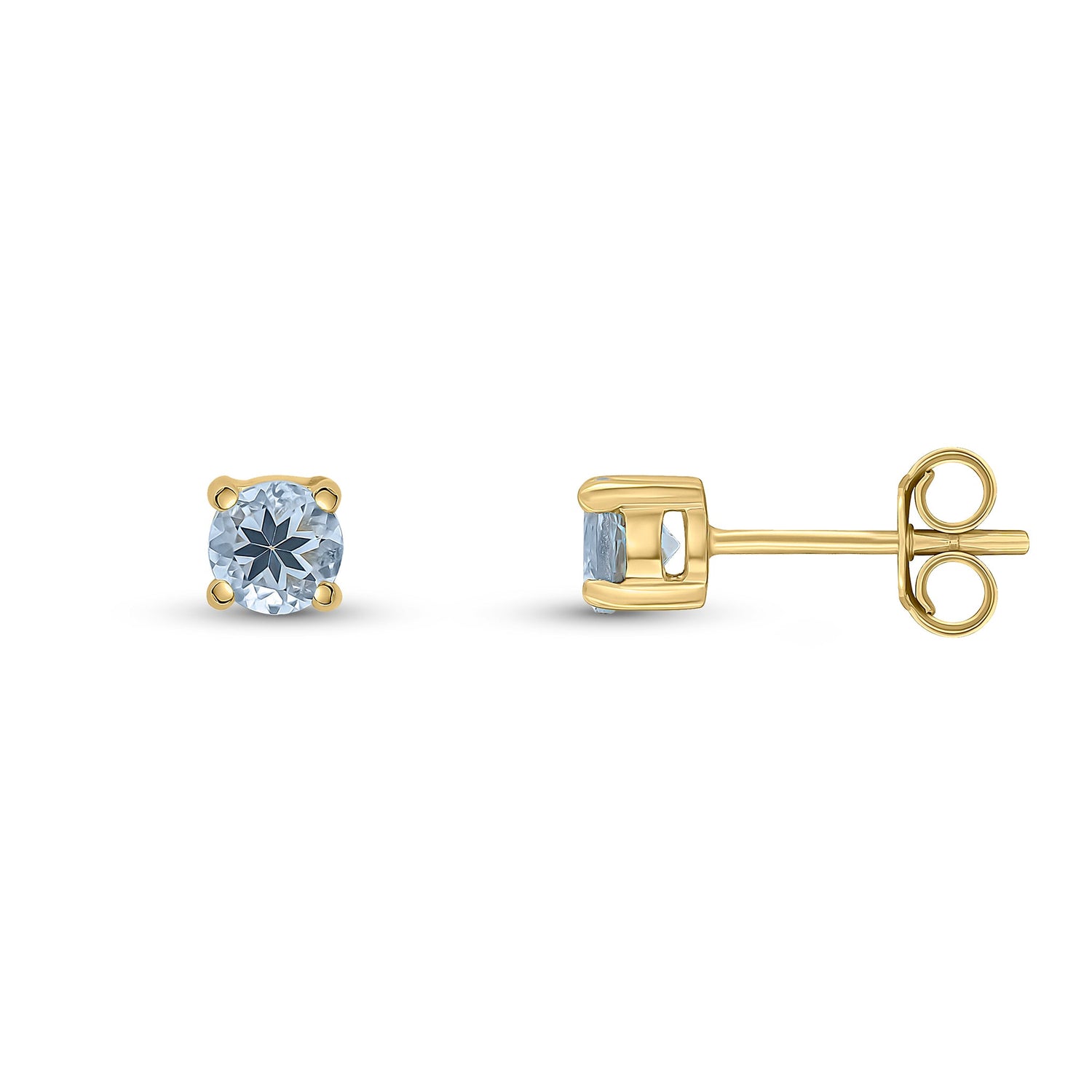 9ct Yellow Gold Round Natural Aquamarine Claw Stud Earrings — 4mm