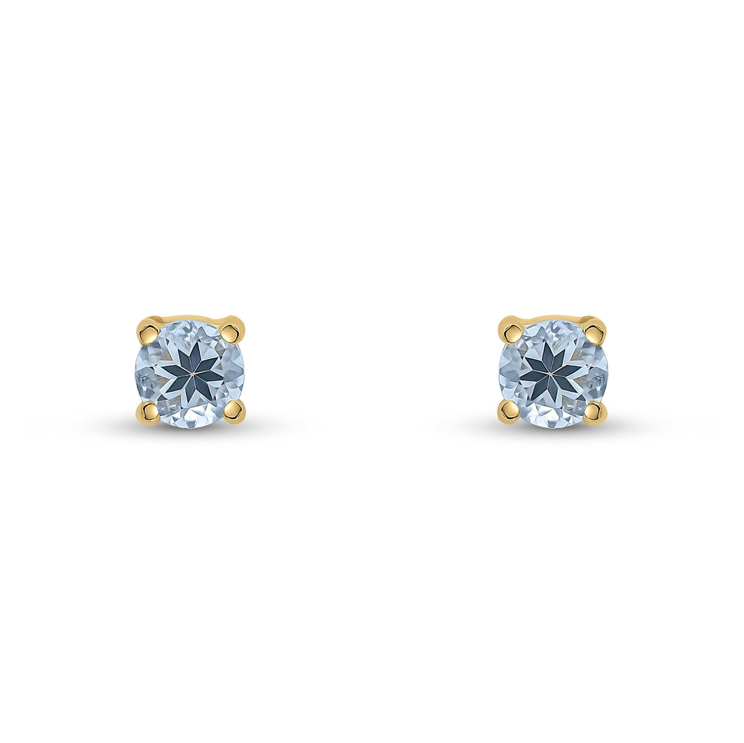 9ct Yellow Gold Round Natural Aquamarine Claw Stud Earrings — 4mm
