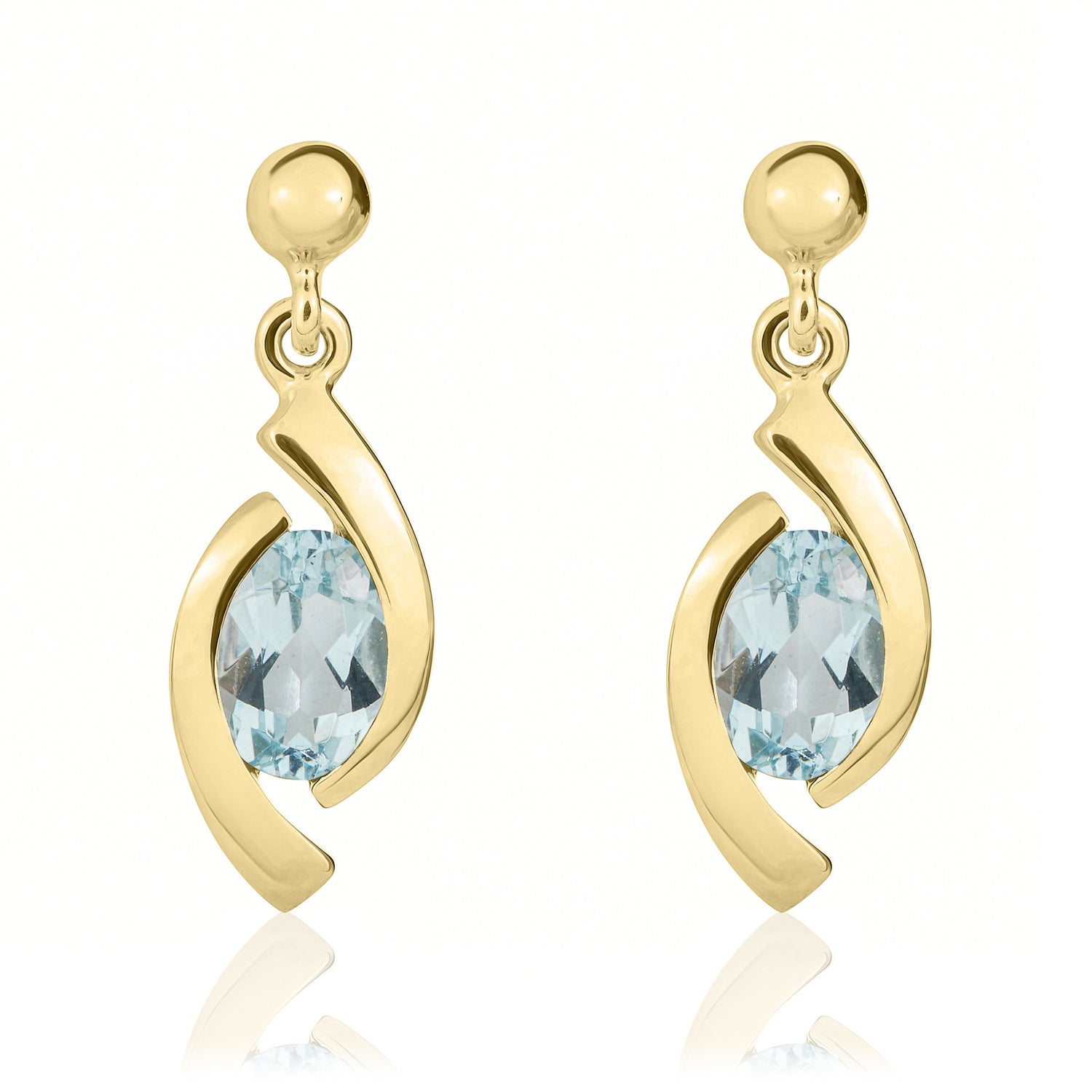 9ct Yellow Gold Oval Natural Aquamarine Eye Drop Earrings with Bead Top — 6x4mm