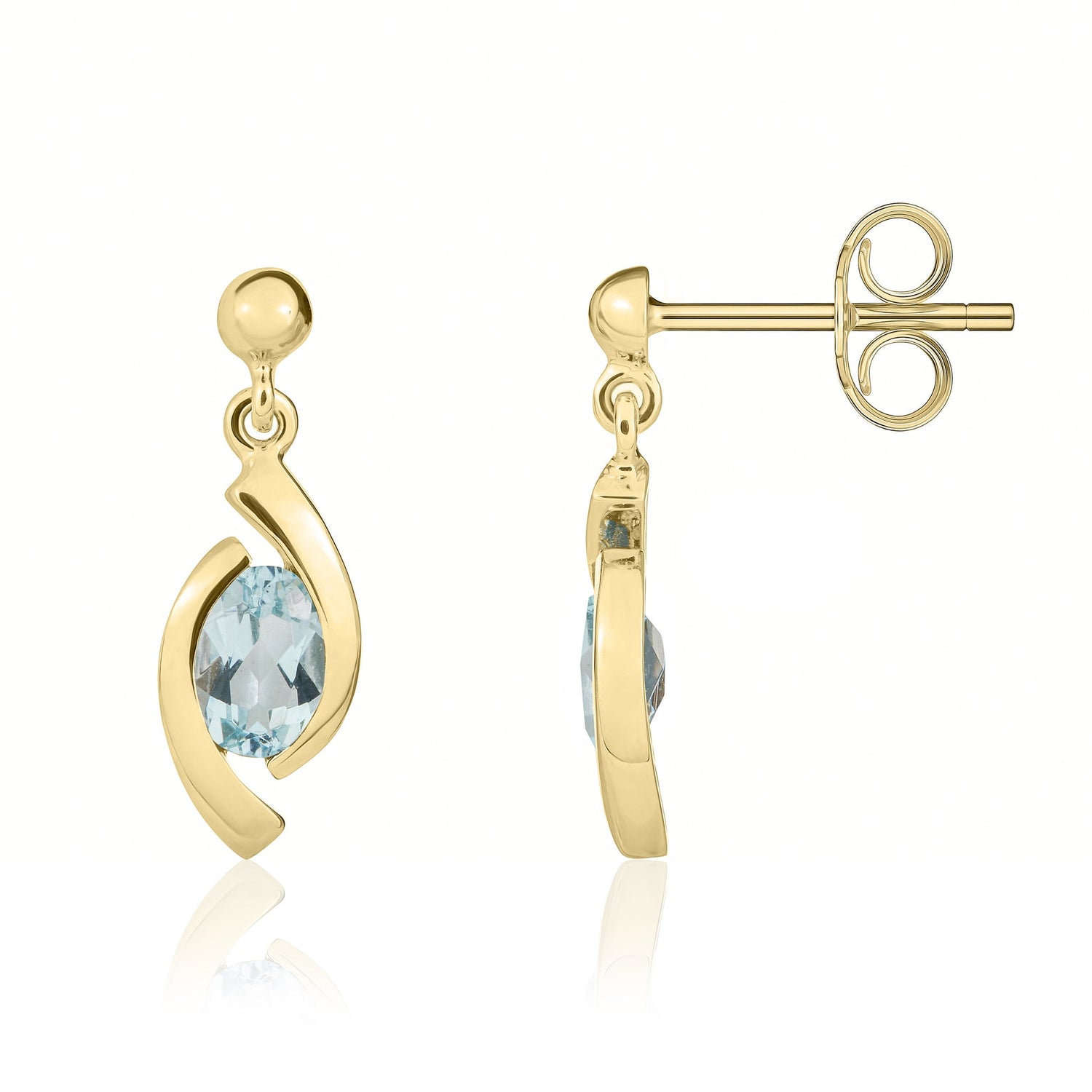 9ct Yellow Gold Oval Natural Aquamarine Eye Drop Earrings with Bead Top — 6x4mm