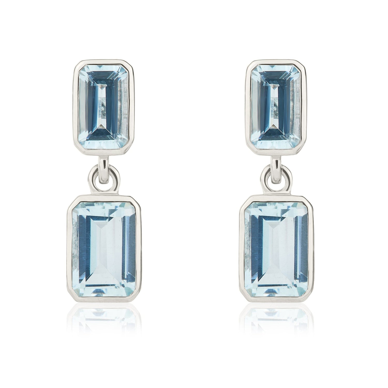 9ct White Gold Octagonal Emerald cut Natural Aquamarine Double Stone Rubover Drop Earrings