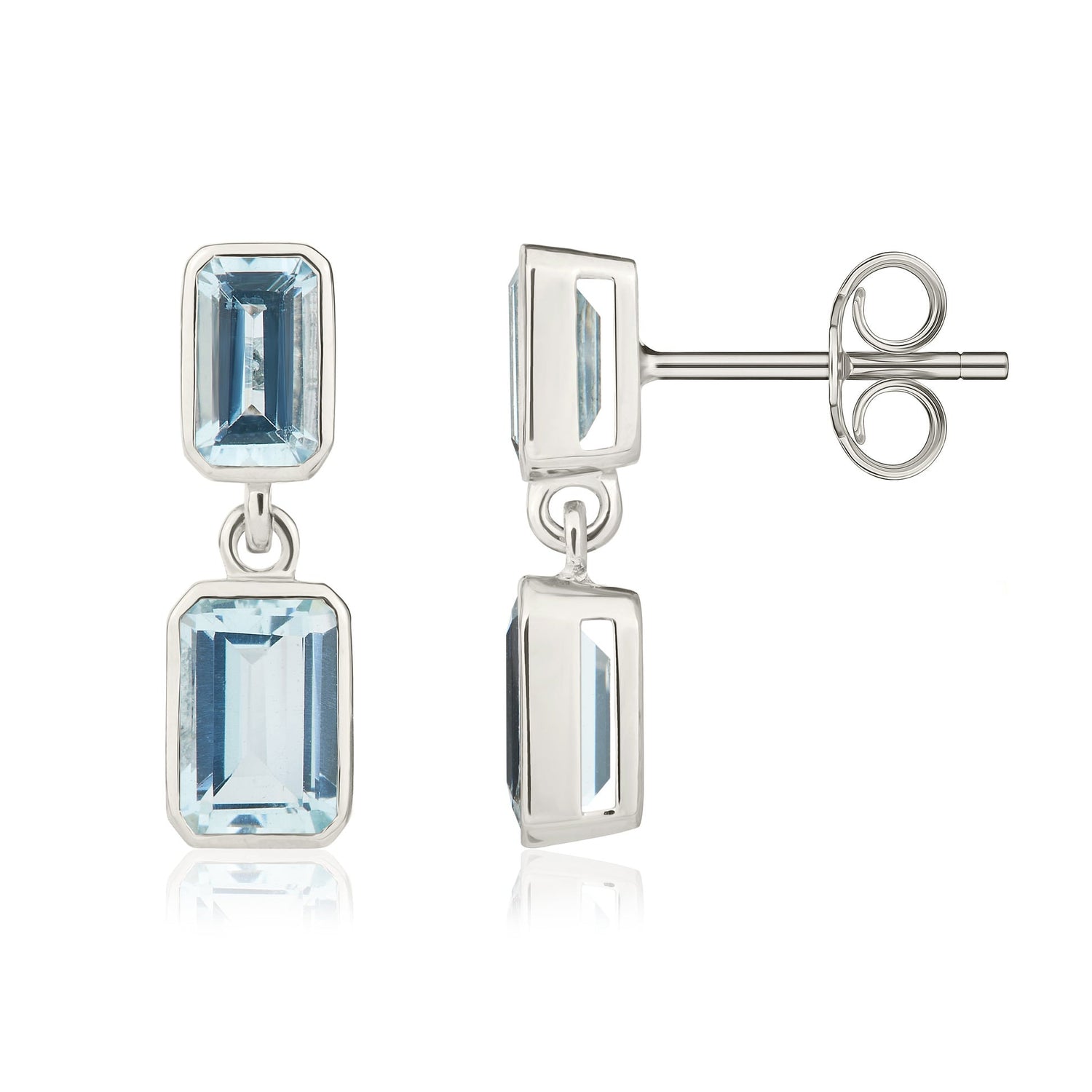 9ct White Gold Octagonal Emerald cut Natural Aquamarine Double Stone Rubover Drop Earrings