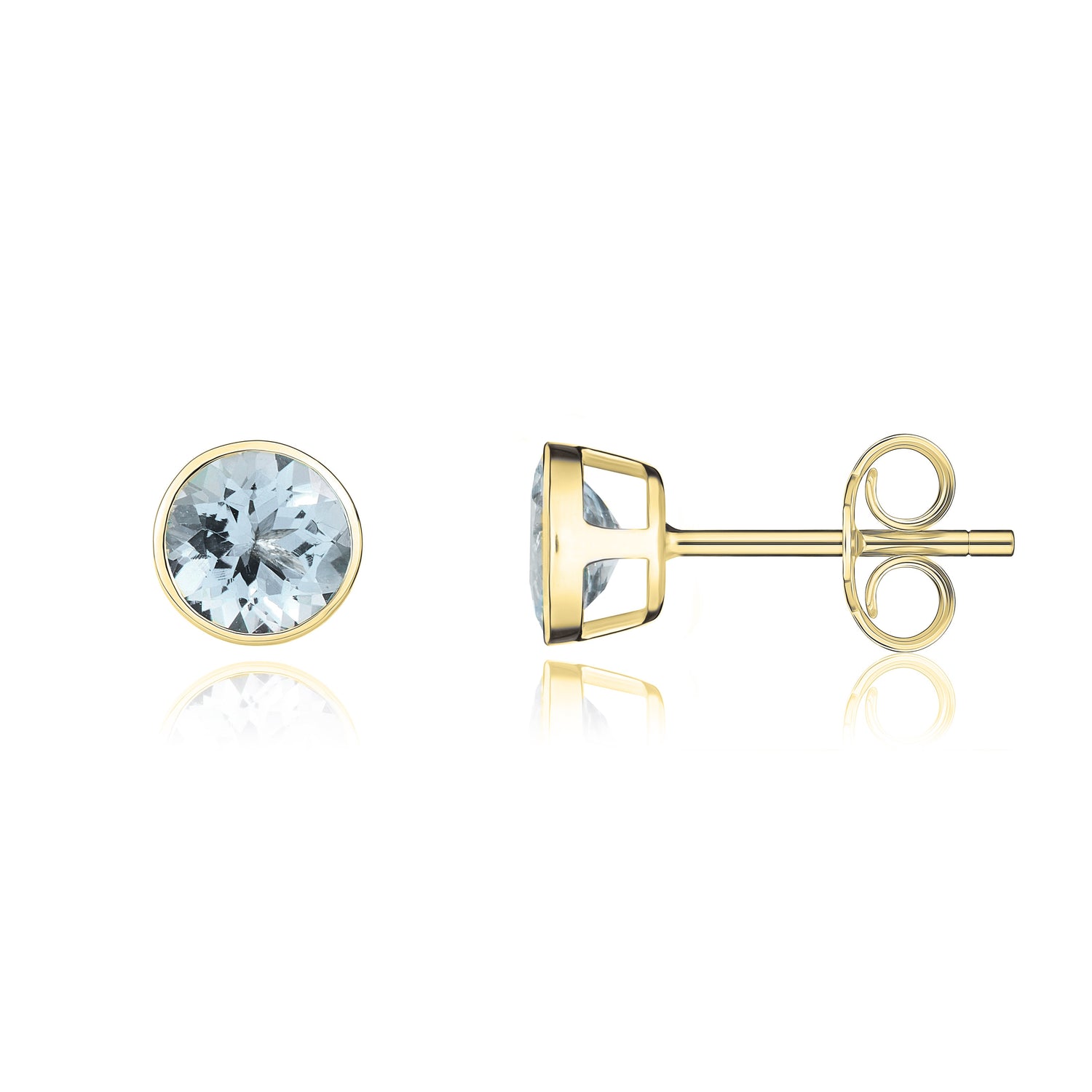 9ct Yellow Gold Round Natural Aquamarine Rubover Stud Earrings — 5mm