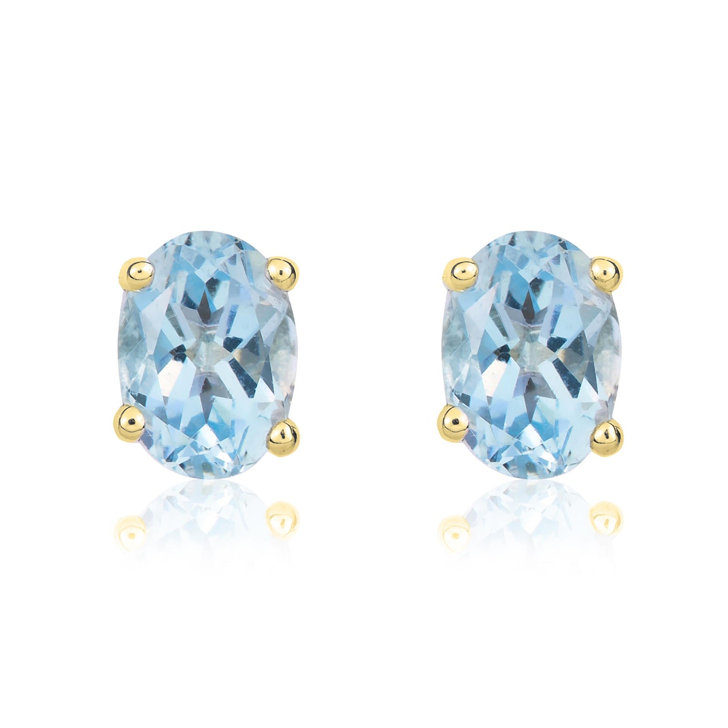 9ct Yellow Gold Oval Natural Aquamarine Claw Stud Earrings — 7x5mm