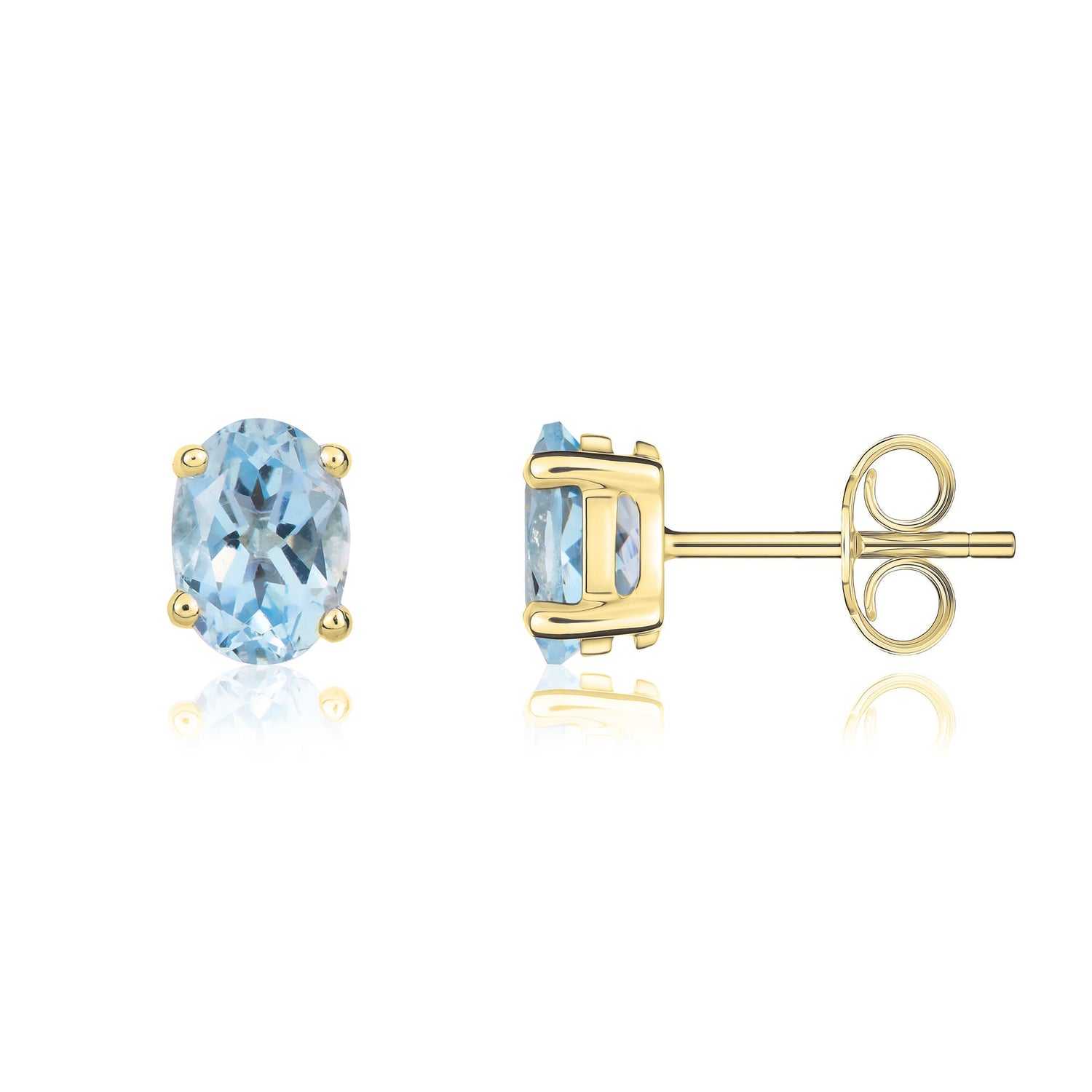 9ct Yellow Gold Oval Natural Aquamarine Claw Stud Earrings — 7x5mm