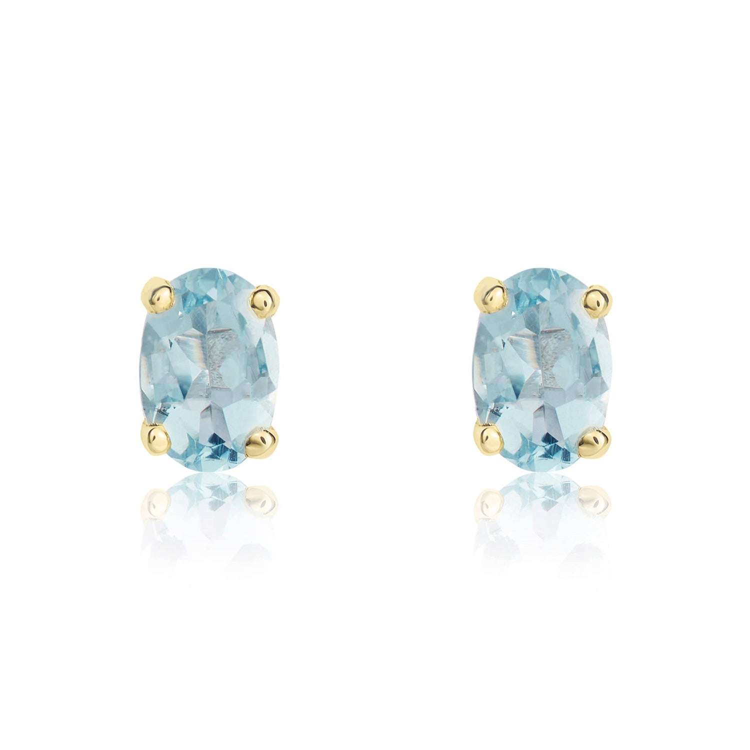 9ct Yellow Gold Oval Natural Aquamarine Claw Stud Earrings — 6x4mm