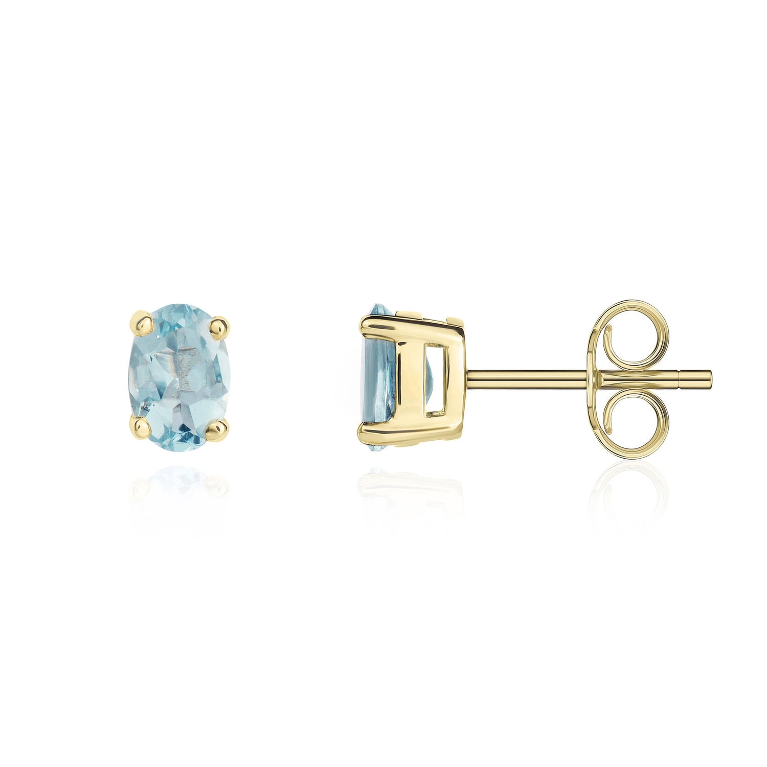 9ct Yellow Gold Oval Natural Aquamarine Claw Stud Earrings — 6x4mm