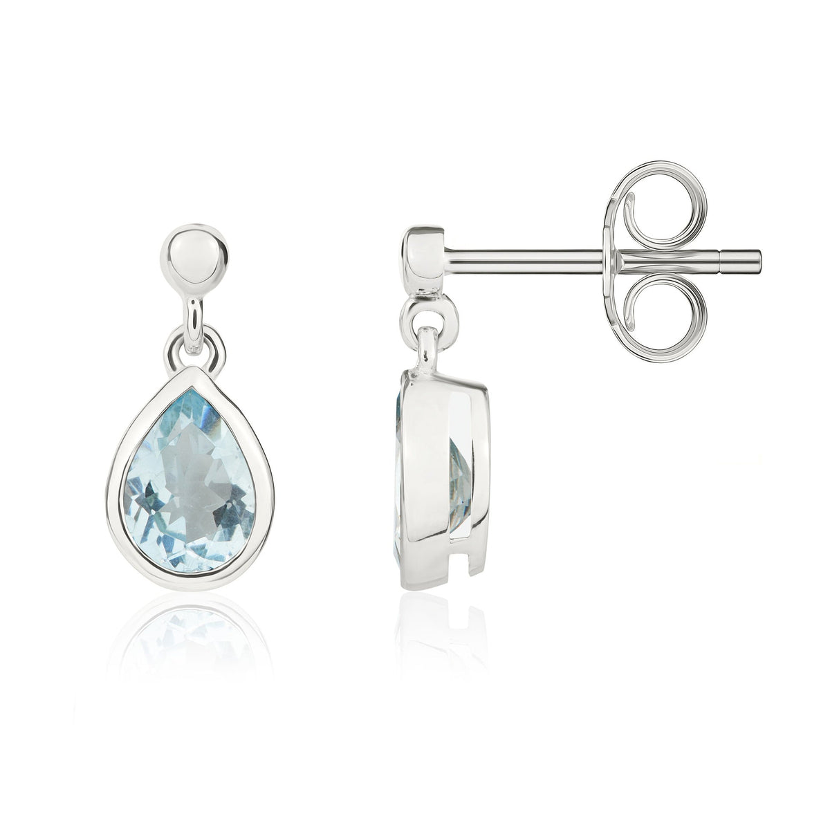 9ct White Gold Pear Shaped Natural Aquamarine Rubover Drop Earrings with 2.5mm Bead Top — 6x4mm