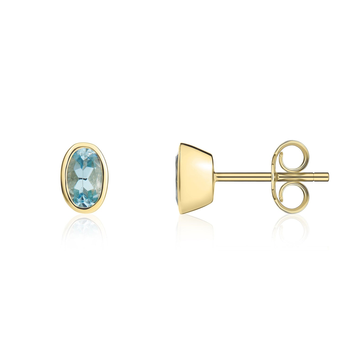 9ct Yellow Gold Oval Natural Aquamarine Rubover Stud Earrings — 5x3mm
