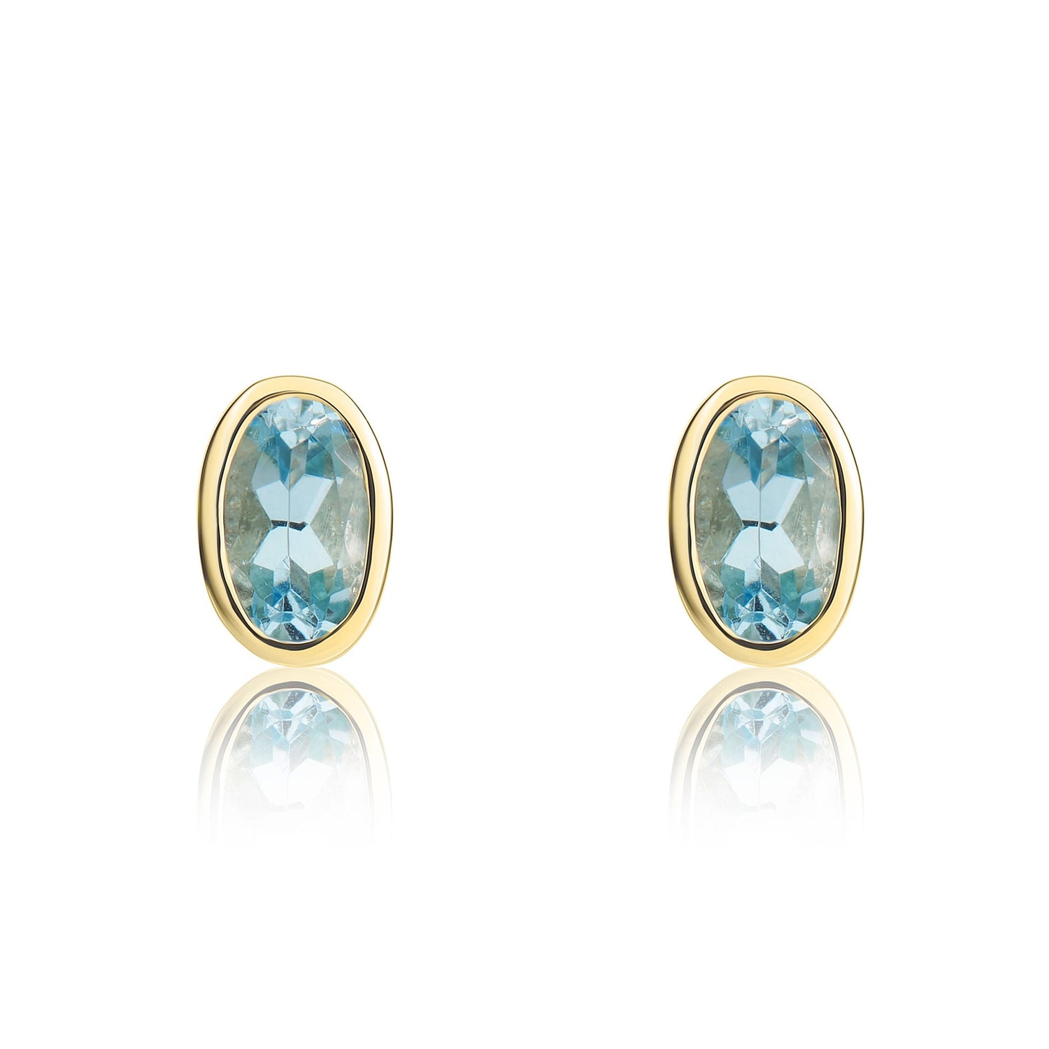 9ct Yellow Gold Oval Natural Aquamarine Rubover Stud Earrings — 5x3mm