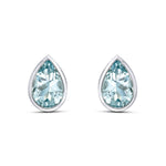 9ct White Gold Pear Shaped Natural Aquamarine Rubover Stud Earrings — 9x6mm