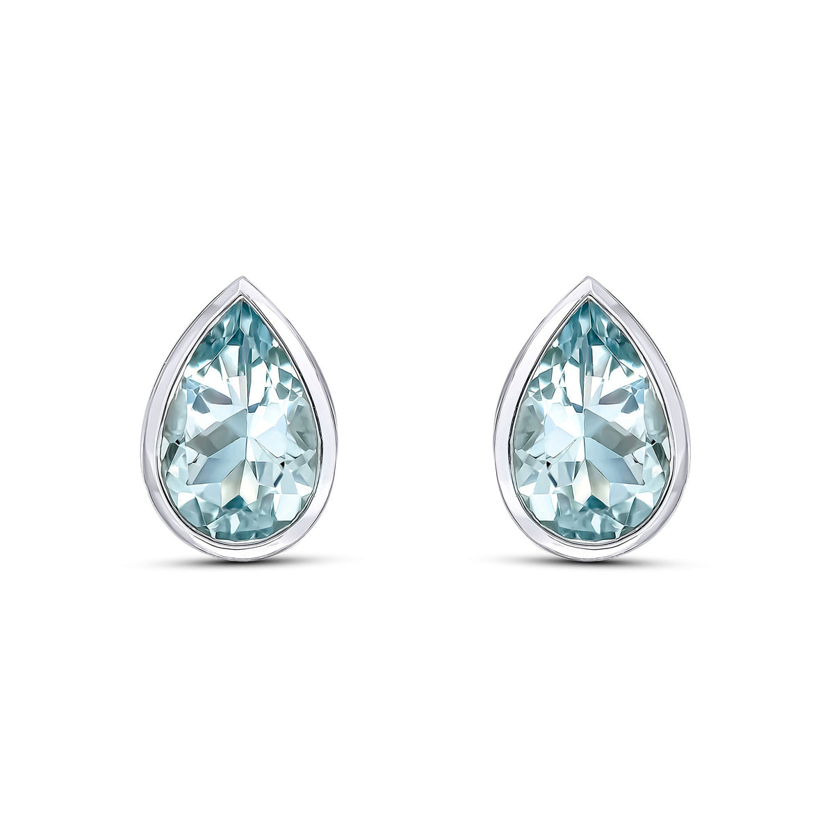 9ct White Gold Pear Shaped Natural Aquamarine Rubover Stud Earrings — 9x6mm