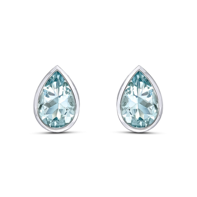 9ct White Gold Pear Shaped Natural Aquamarine Rubover Stud Earrings — 9x6mm