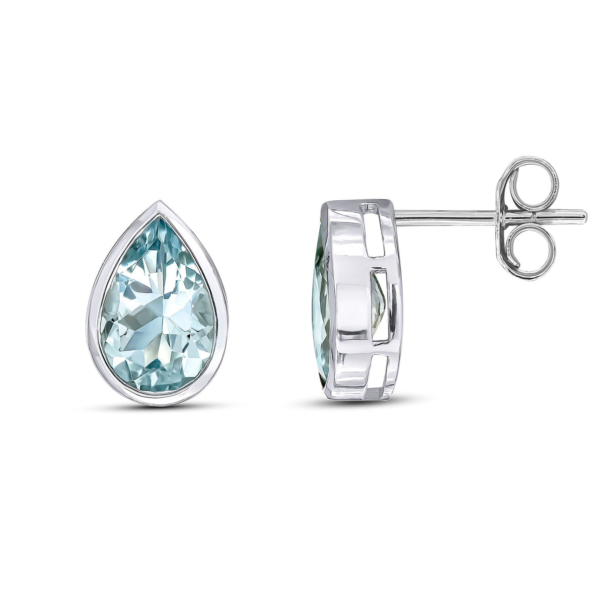 9ct White Gold Pear Shaped Natural Aquamarine Rubover Stud Earrings — 9x6mm