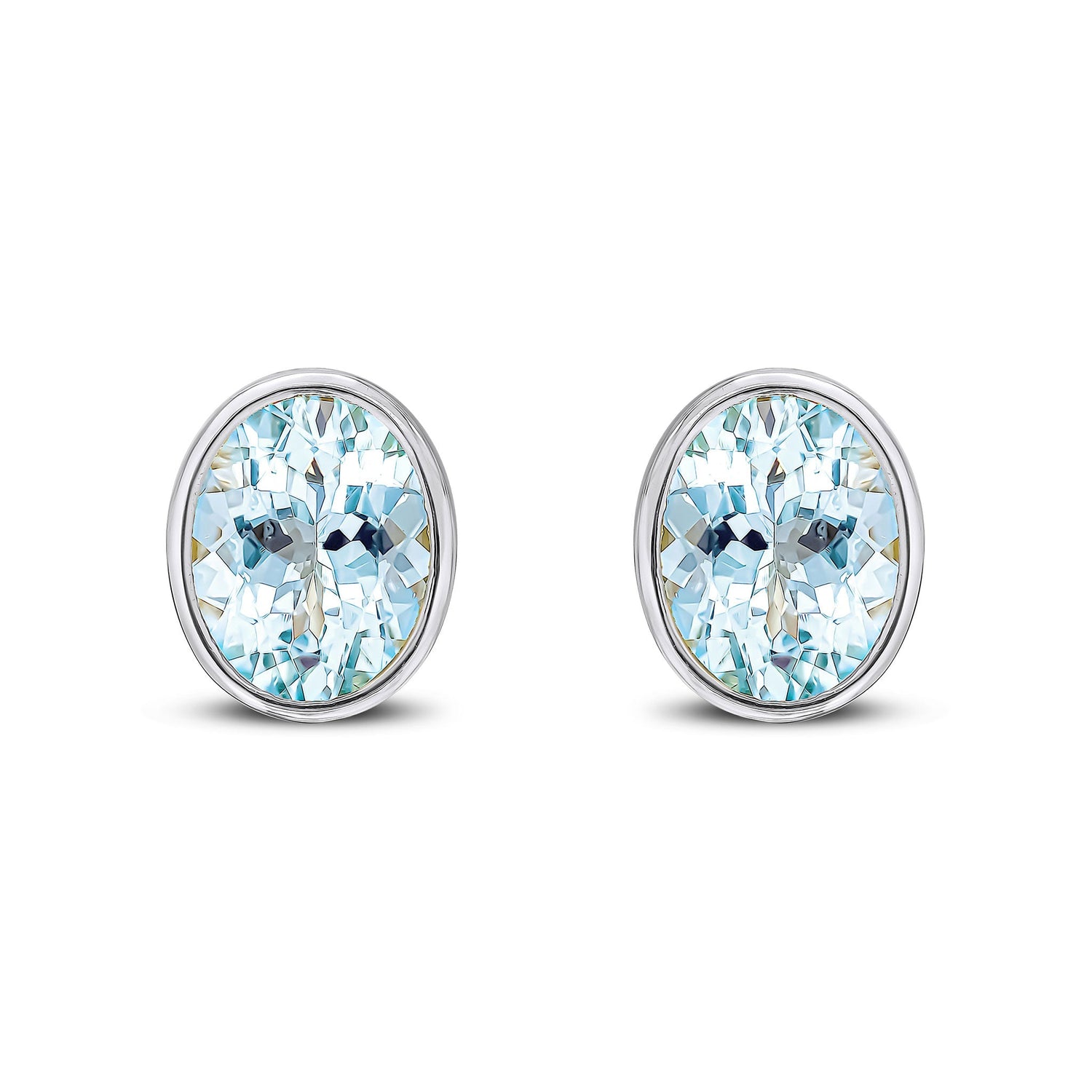 9ct White Gold Oval Natural Aquamarine Rubover Stud Earrings — 9x7mm