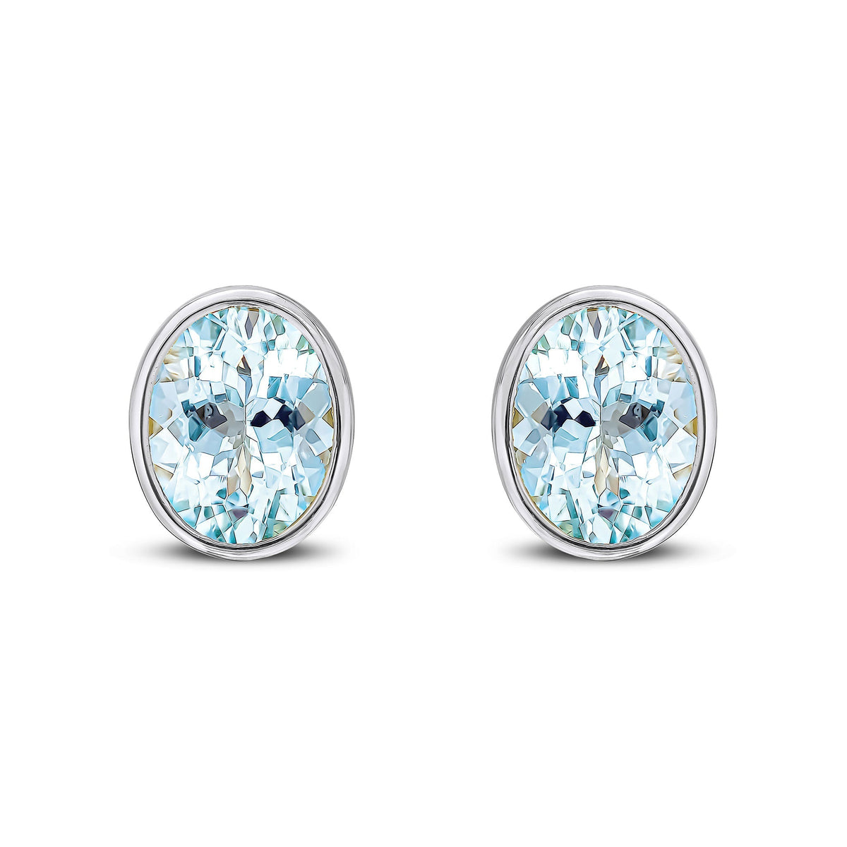 9ct White Gold Oval Natural Aquamarine Rubover Stud Earrings — 9x7mm