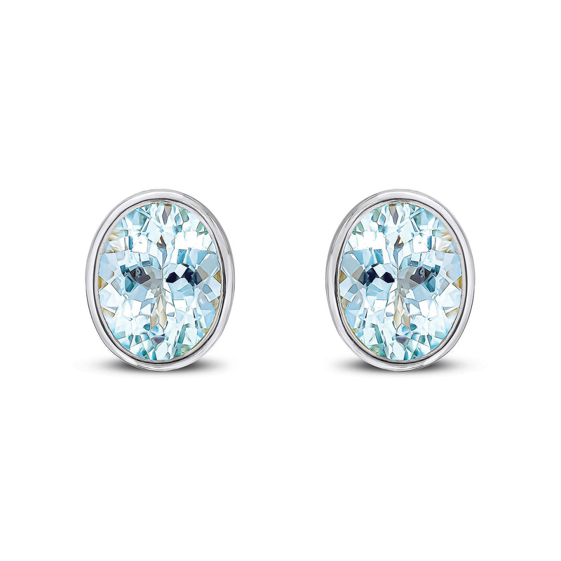 9ct White Gold Oval Natural Aquamarine Rubover Stud Earrings — 9x7mm